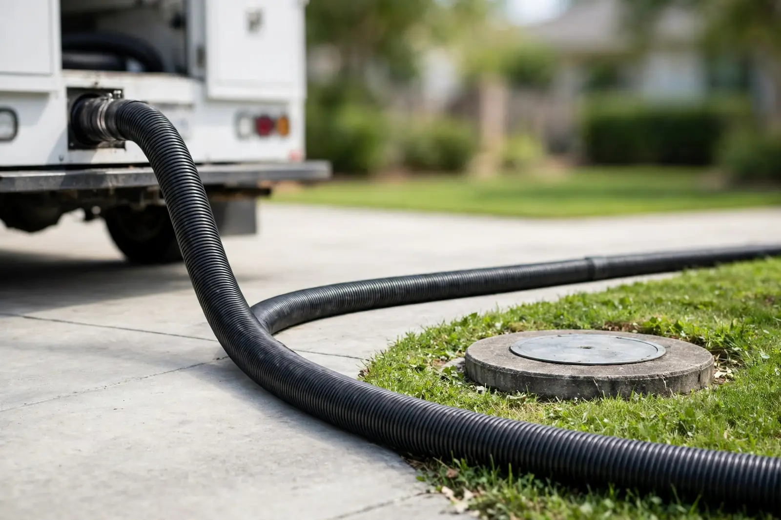 A vacuum hose running from a service truck across a clean driveway to a round septic tank lid