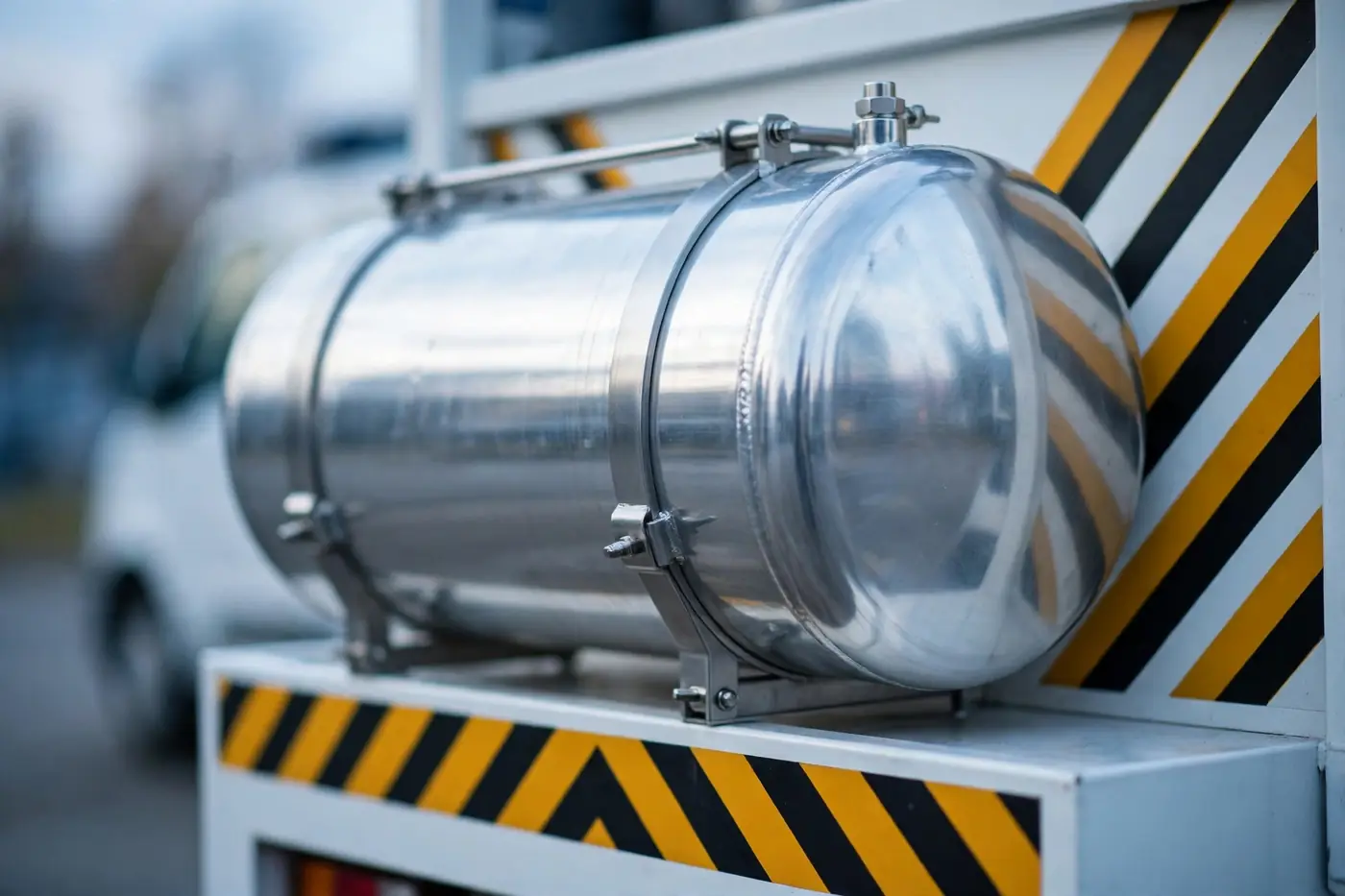 Close-up of a spotless polished aluminum tank with yellow and black chevron warning stripes