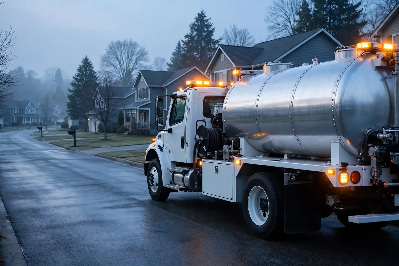 A clean white septic pump truck with a polished aluminum tank, parked on a quiet street at dawn with its amber work lights on